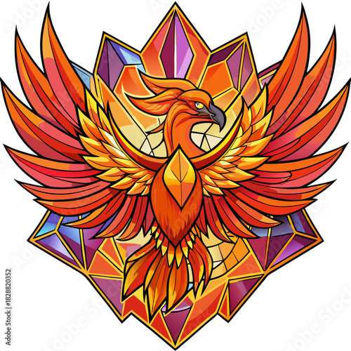 Vibrant phoenix bird illustration, stained glass style, with brilliant orange and red colors. vibrant
