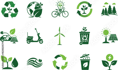 Green icons, eco-friendly symbols, sustainability, recycling, renewable energy, electric vehicle, solar panel, wind turbine, water conservation