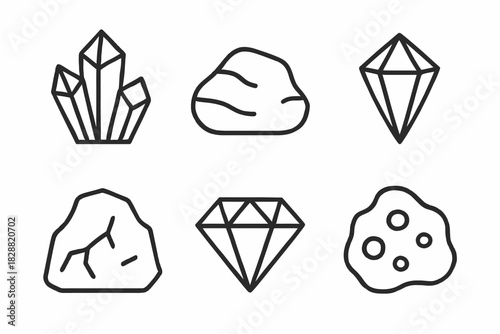 Outline icons of crystals, rocks, diamonds, and minerals collection