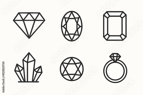 Minimalist geometric gemstone icons: diamond, oval, emerald shapes