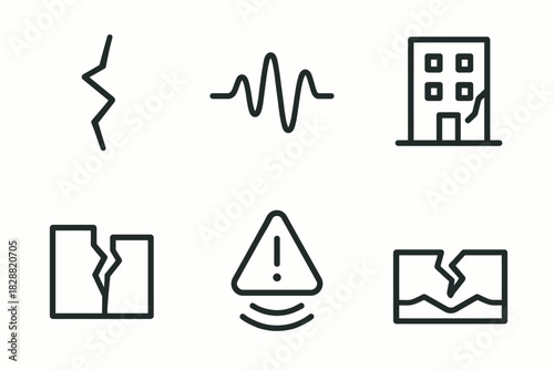 Earthquake icons featuring buildings, alerts, and fault lines in minimalist style