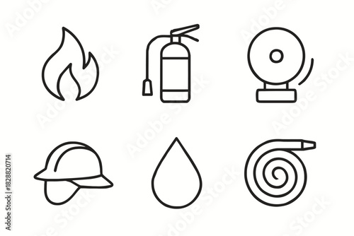 Fire safety icons: fire, extinguisher, alarm, helmet, water, hose
