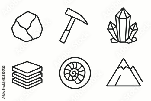 Geology icons: rock, pickaxe, crystals, layers, fossil, mountain