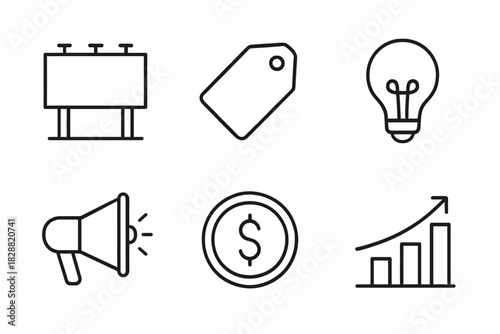 Business icon set: billboard, price tag, lightbulb, megaphone, dollar coin, growth chart