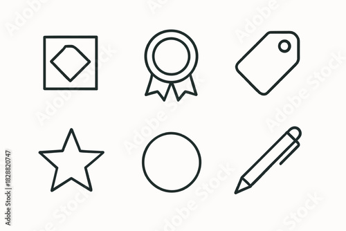 Minimalist icon set featuring badge, tag, star, circle, and pen designs