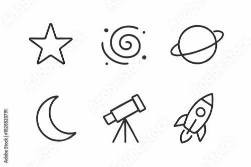 Celestial icons: star, galaxy spiral, planet, moon, telescope, rocket