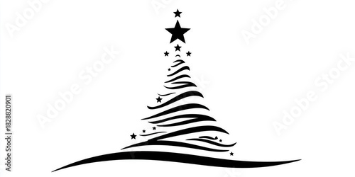 Black and White Christmas Tree Silhouette with Star Decorations