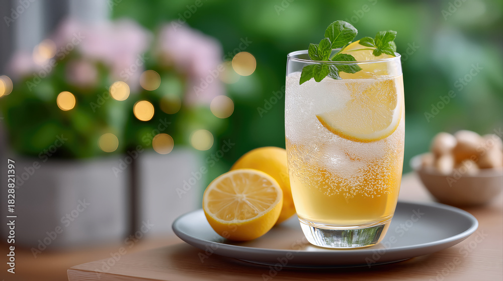 Fototapeta premium Refreshing lemon drink with ice and mint in glass on outdoor table summer beverage concept for bar menu and advertising