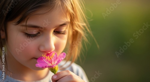 Little girl gently smelling a vibrant pink flower outdoors