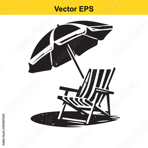 Black and white vector illustration of a beach chair under a sun umbrella