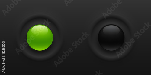 Minimal round neomorphic shape. User interface elements for mobile devices in the style of neumorphism. A set of black push buttons with on and off light. Vector illustration.