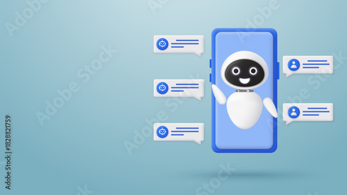 AI robot with a smartphone. A robot with chat conversation. Artificial intelligence assistant bot in a smartphone application. Concept of AI and machine learning. 3D Rendering. Vector illustration.