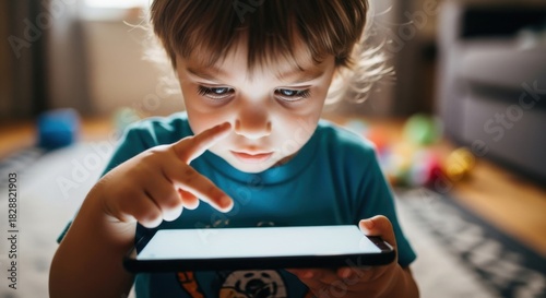 Young boy captivated by glowing mobile phone