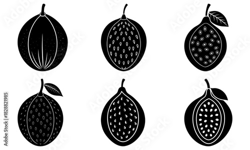 Stylish black and white passion fruit illustration for vibrant summer designs, trendy food blogs, and exotic fruit marketing materials. Fresh and modern aesthetic