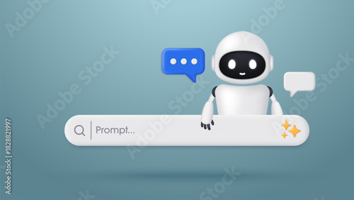 AI robot with a search engine bar and speech bubble. Concept of AI and machine learning. Generative bar. Input prompt as commands for search and analysis by AI, Trendy and modern vector in 3d style.