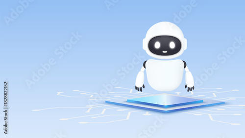 AI robot on chip processor and a circuit board. Concept of AI technology and machine learning. Talking bot with human. Intelligent assistant robot. Trendy and modern vector in 3d style.