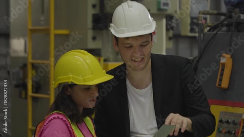 Diverse industrial team talking. Caucasian man manager and Indian woman engineer assess material sample in factory. Focused discussion on quality control and technical specifications