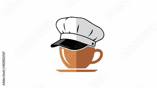 A brown coffee cup with a saucer wearing a white chef's hat with a black brim, depicted on a plain white background.