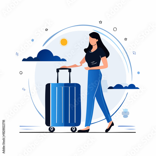 A Woman with a Blue Suitcase Walking, Symbolizing Travel and Vacation Adventures