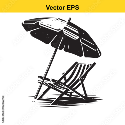 Black and white vector illustration of a beach chair and umbrella isolated on