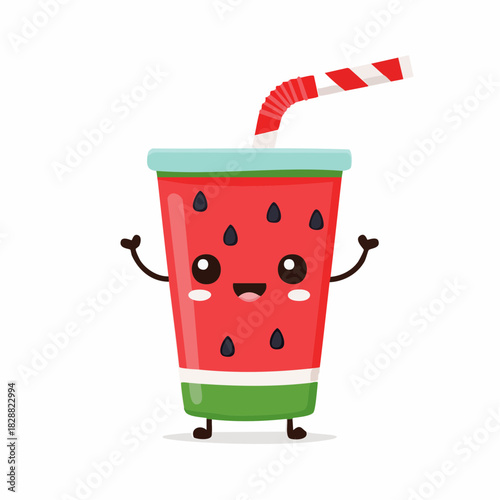 Cute Watermelon Juice Character Delightful Cartoon Illustration of a Sweet Drink with Straw, Cheerful Expression, and Smiling