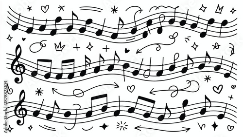 Musical notes, staffs, and doodle elements arranged in a rhythmic pattern, perfect for music-themed projects