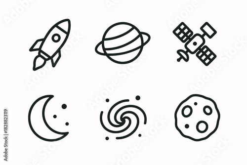 Space exploration icons: rocket, planet, satellite, moon, galaxy, asteroid