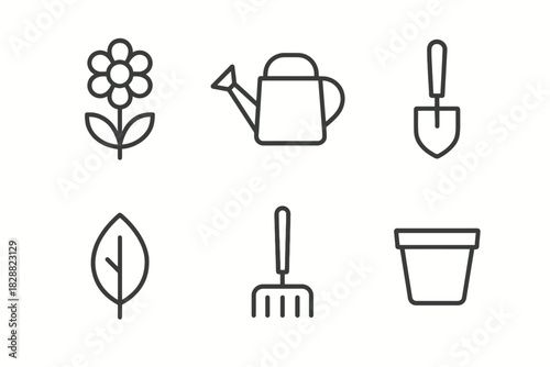 Gardening tools and plant icons set: watering can, trowel, rake, flower, leaf, pot