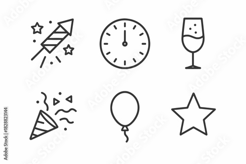 Celebration icons: fireworks, clock, wine glass, party horn, balloon, star
