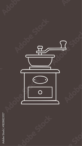 Outline illustration of a vintage manual coffee grinder with a handle and drawer on a dark background.