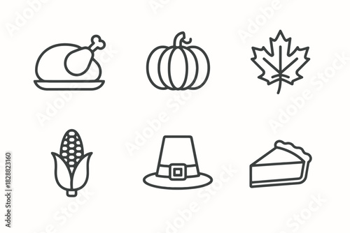 Thanksgiving icons: turkey, pumpkin, maple leaf, corn, pilgrim hat, pie