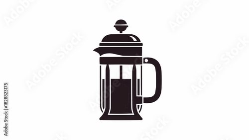 Black and white vector illustration of a classic French press coffee maker for brewing beverages.