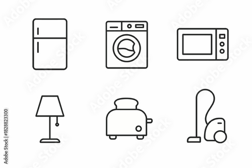Minimalist line art of home appliances including fridge, washer, microwave, lamp, toaster, and vacuum