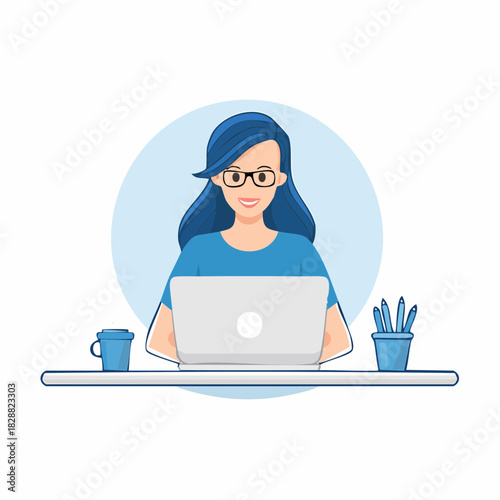 Smiling young professional woman with glasses working on a laptop at her desk. A female freelancer, designer, or student character illustration
