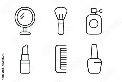 Minimalist icons: mirror, brush, perfume, lipstick, comb, nail polish for beauty and care