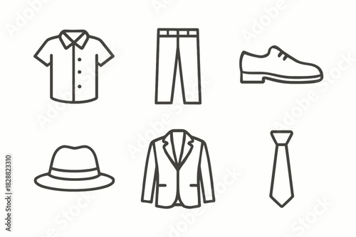 Outline icons of shirt pants shoes hat jacket tie for men's fashion