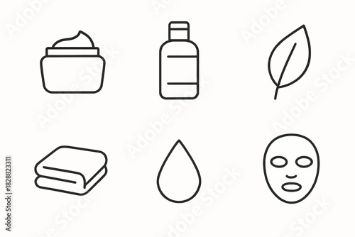 Skincare symbols: cream, bottle, leaf, towel, drop, mask icons