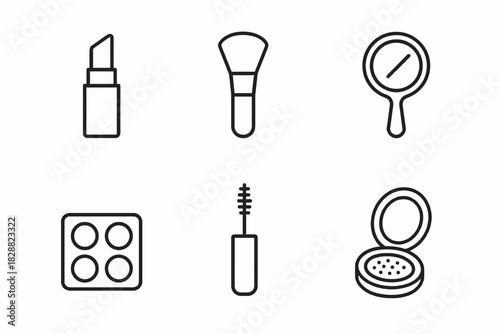 Minimalist black and white makeup icon set with lipstick and brush