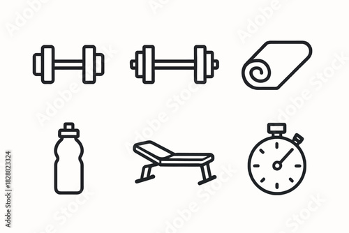 Fitness equipment icons: dumbbells, yoga mat, water bottle, bench, stopwatch