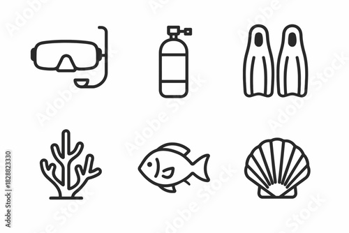Set of diving equipment and marine life icons: snorkel, tank, flippers, coral, fish, shell