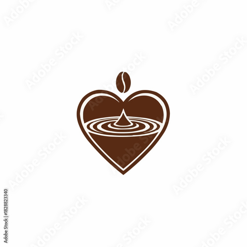A brown heart-shaped outline with a coffee bean on top, enclosing a liquid surface with ripples from a falling drop, symbolizing love for coffee.