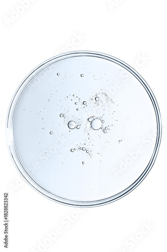 The texture of a cosmetic serum or body gel in a Petri dish.