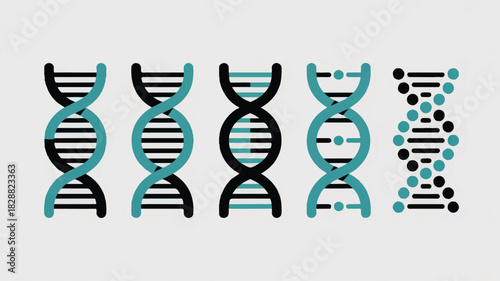 Abstract vector DNA helix designs for genetic science and biotechnology, illustrating variations in a modern minimalist graphic style