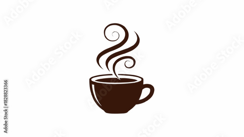 A simple brown silhouette of a steaming hot cup of coffee or tea, with elegant swirling steam rising above it, set against a plain white background.