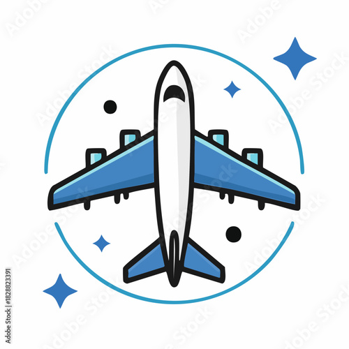Iconic airplane soaring through a starry sky within a circular frame, representing travel and adventure