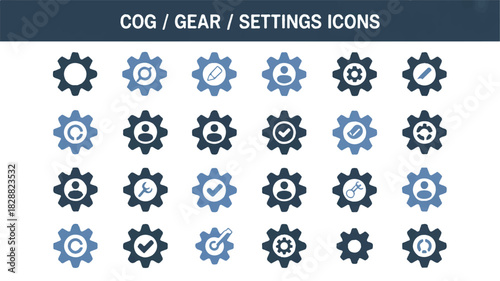 Collection of 20 minimalist cog and gear icons, representing settings and customization options for digital interfaces and applications