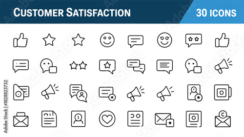Collection of 30 versatile line icons for customer satisfaction, feedback, and digital communication, ideal for web and app design projects