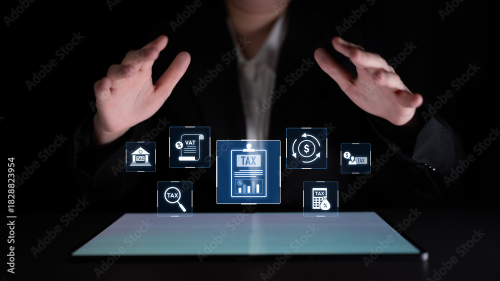 Naklejka premium Financial regulation and tax compliance concept showing tax document, VAT, transaction flow, and financial auditing in modern financial system Latch