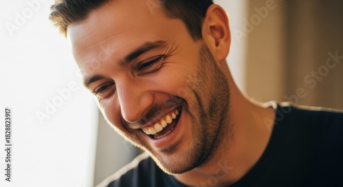 Young man happily laughing in bright natural light