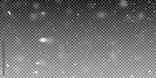 Falling snow flakes banner. White snowflakes flying in the air. Snow flakes, snow background. Winter snowfall image.